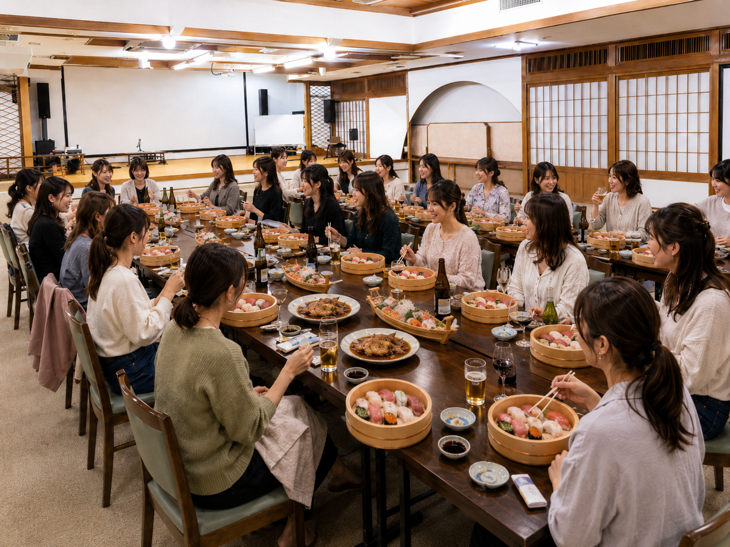 AI好きの起業家女性たちが海の幸を囲んで交流する様子