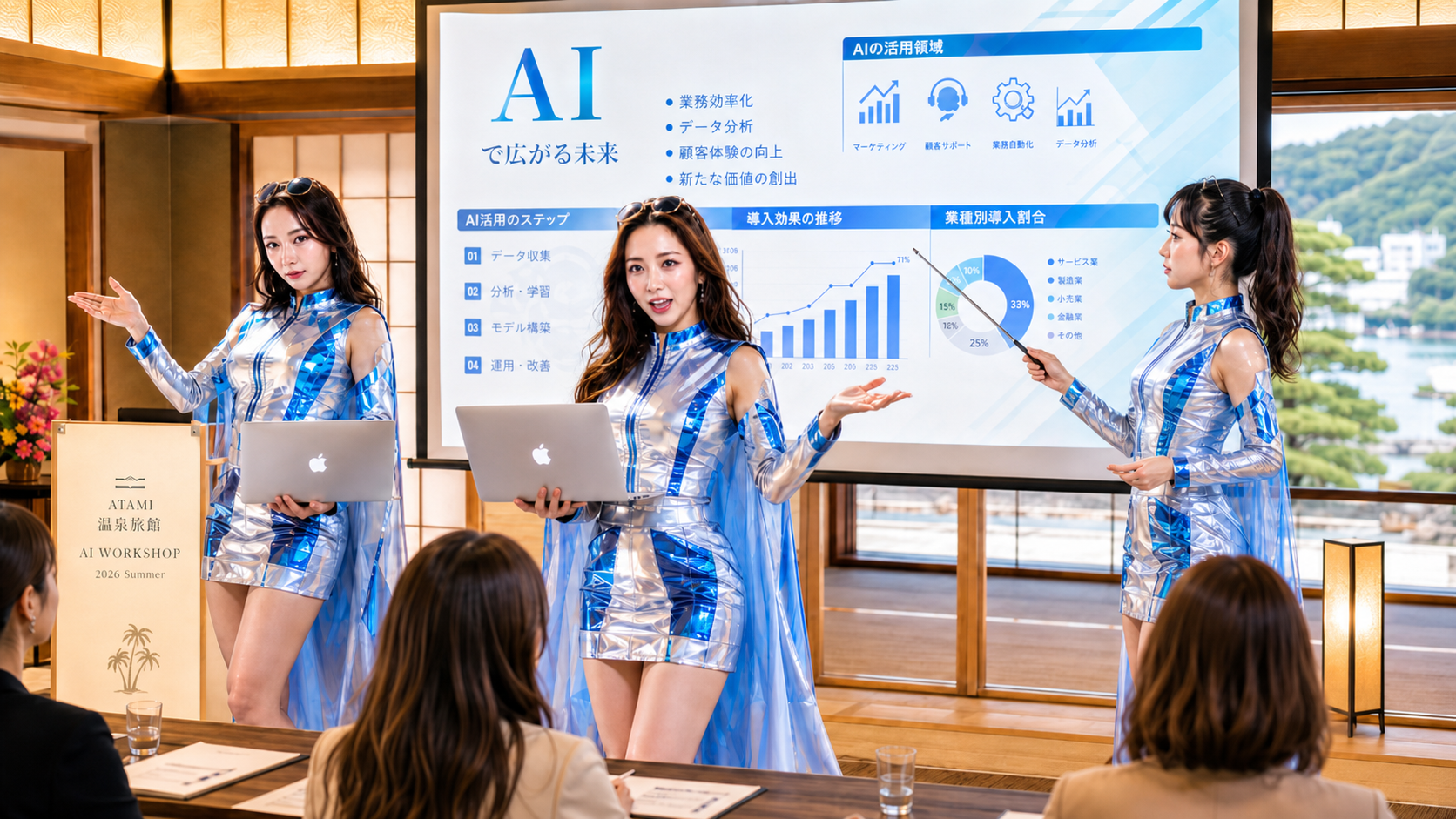 銀色衣装のガイドが最新AIトレンドを解説する講座の様子
